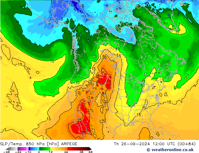 SLP/Temp. 850 hPa ARPEGE czw. 26.09.2024 12 UTC