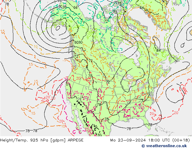 Height/Temp. 925 hPa ARPEGE 星期一 23.09.2024 18 UTC