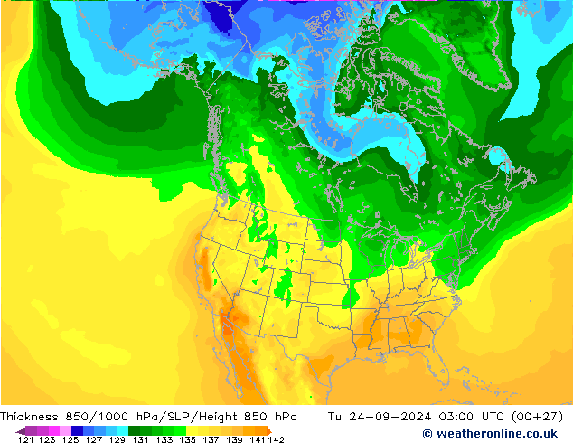 Espesor 850-1000 hPa ARPEGE mar 24.09.2024 03 UTC