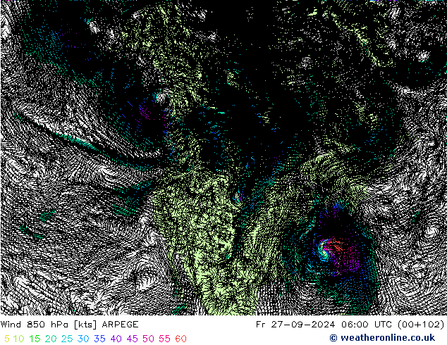 Wind 850 hPa ARPEGE Fr 27.09.2024 06 UTC