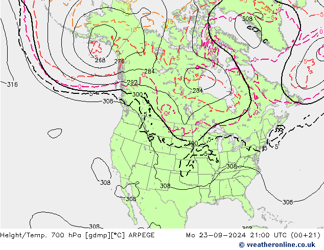 Height/Temp. 700 hPa ARPEGE Mo 23.09.2024 21 UTC