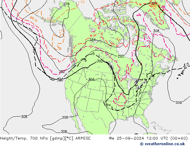 Hoogte/Temp. 700 hPa ARPEGE wo 25.09.2024 12 UTC