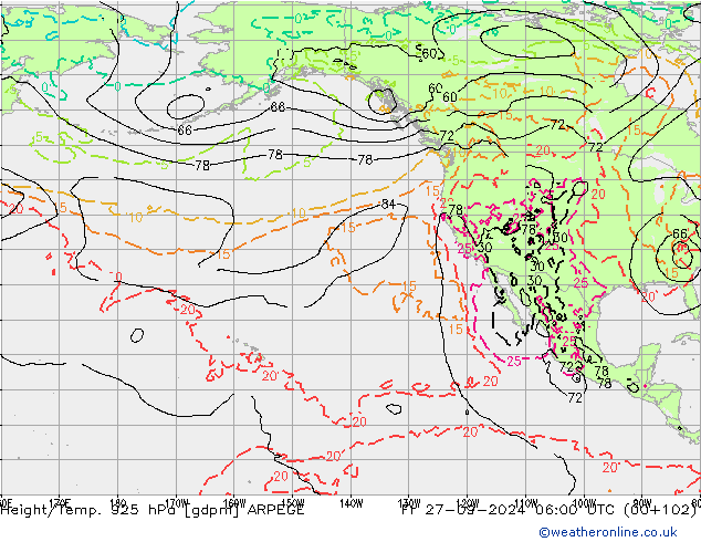 Géop./Temp. 925 hPa ARPEGE ven 27.09.2024 06 UTC