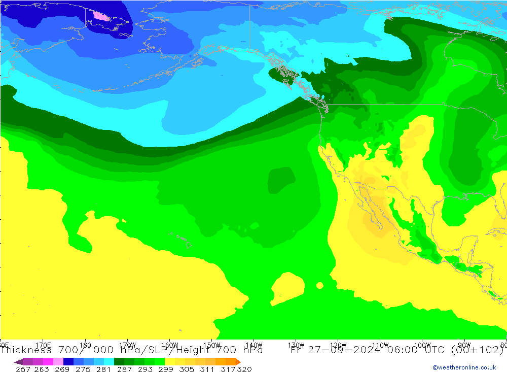 Thck 700-1000 hPa ARPEGE Pá 27.09.2024 06 UTC