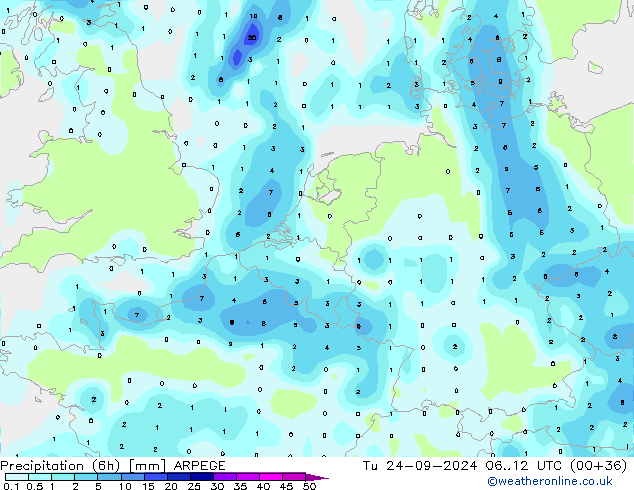 Precipitation (6h) ARPEGE Tu 24.09.2024 12 UTC