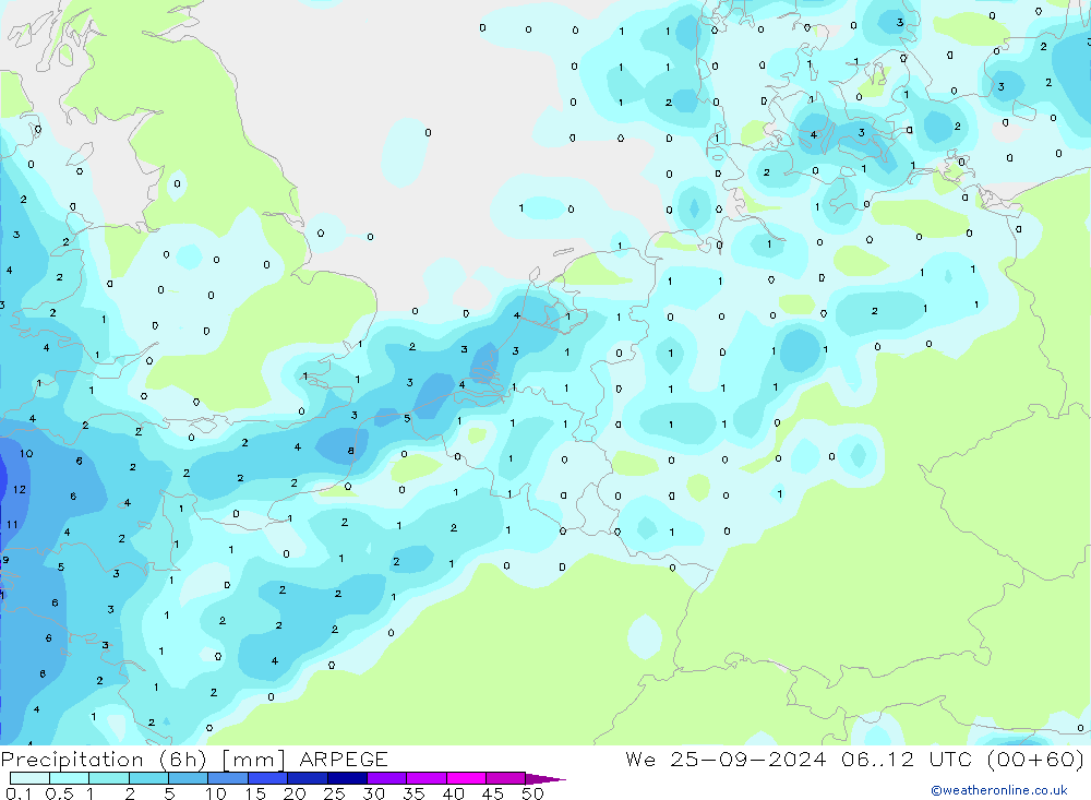 Totale neerslag (6h) ARPEGE wo 25.09.2024 12 UTC