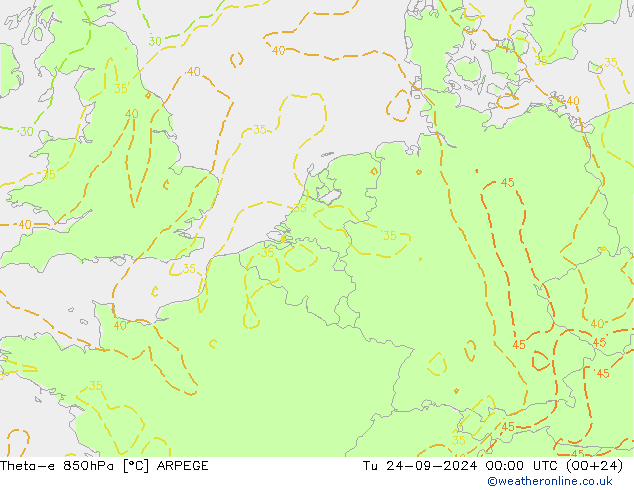 Theta-e 850hPa ARPEGE mar 24.09.2024 00 UTC