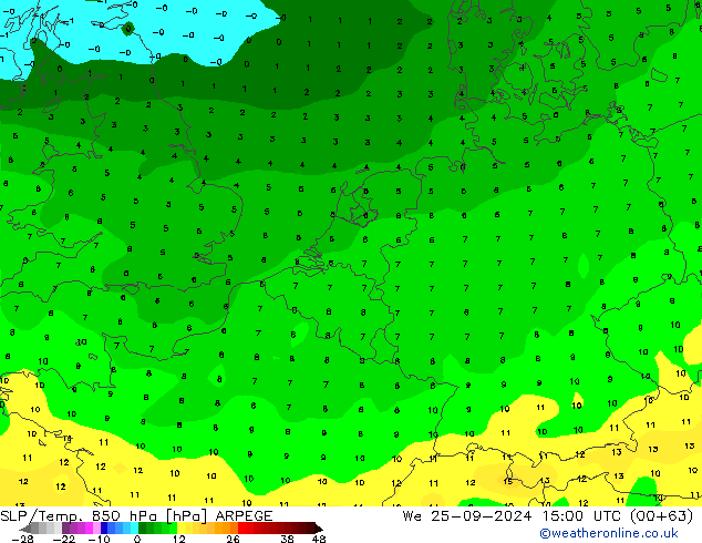 SLP/Temp. 850 hPa ARPEGE We 25.09.2024 15 UTC