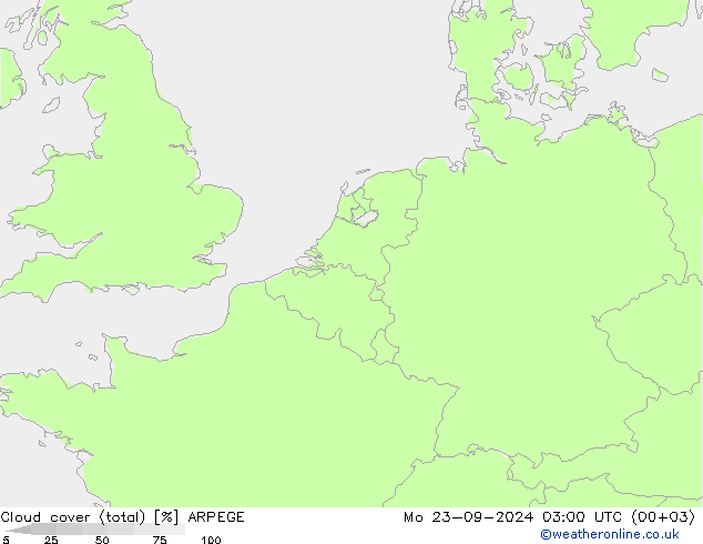 Cloud cover (total) ARPEGE Mo 23.09.2024 03 UTC