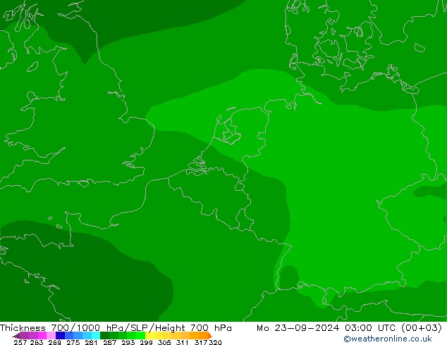 Schichtdicke 700-1000 hPa ARPEGE Mo 23.09.2024 03 UTC