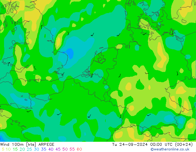 Viento 100m ARPEGE mar 24.09.2024 00 UTC