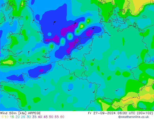 Wind 50m ARPEGE Fr 27.09.2024 06 UTC