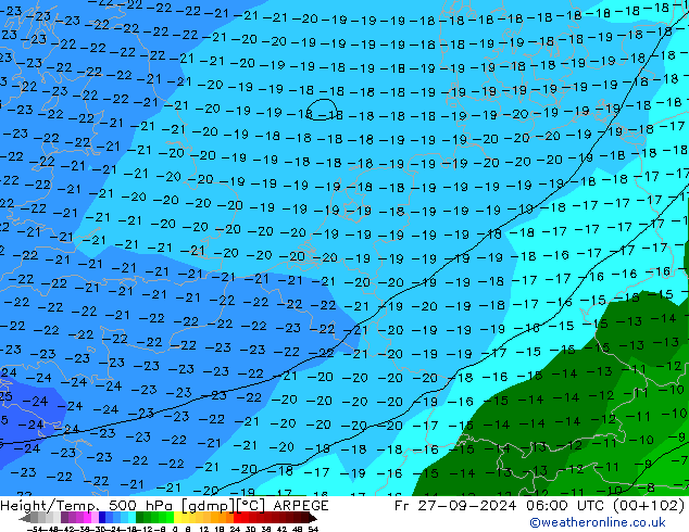 Height/Temp. 500 hPa ARPEGE Sex 27.09.2024 06 UTC