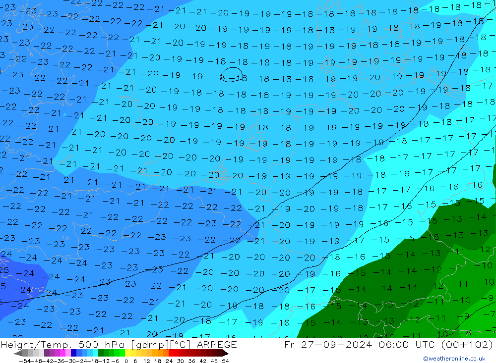 Hoogte/Temp. 500 hPa ARPEGE vr 27.09.2024 06 UTC