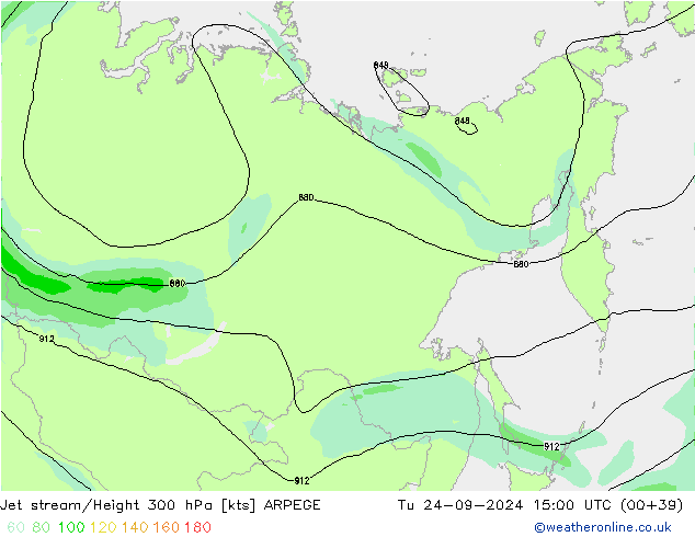 Jet stream/Height 300 hPa ARPEGE Út 24.09.2024 15 UTC