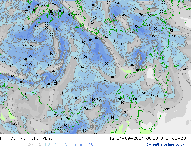 RH 700 гПа ARPEGE вт 24.09.2024 06 UTC