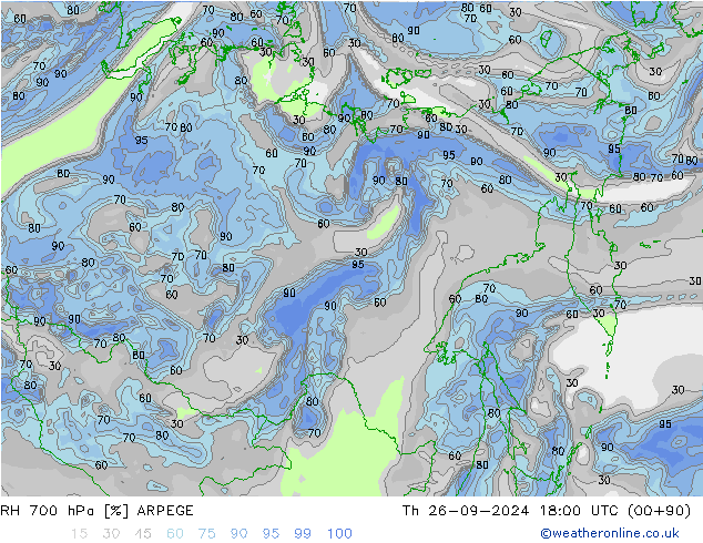 RH 700 hPa ARPEGE Čt 26.09.2024 18 UTC