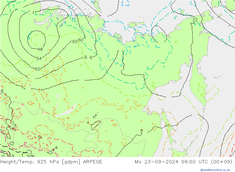 Geop./Temp. 925 hPa ARPEGE lun 23.09.2024 09 UTC