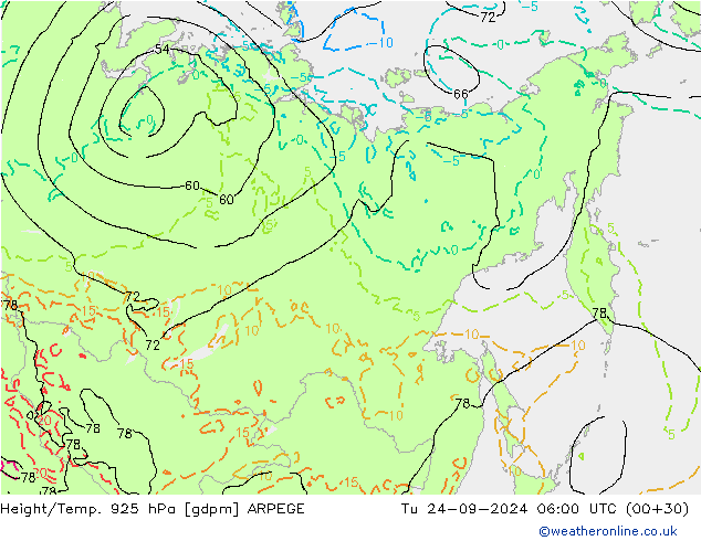 Height/Temp. 925 hPa ARPEGE Tu 24.09.2024 06 UTC