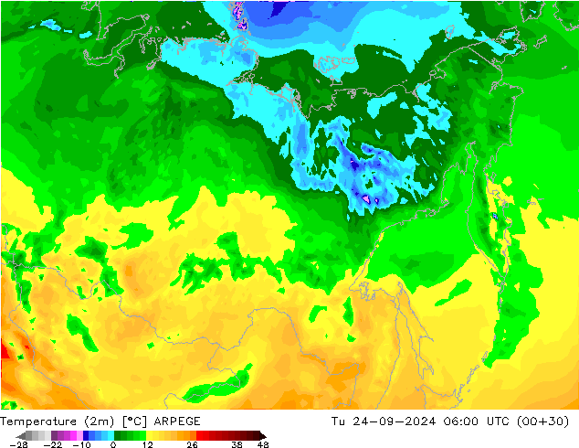 mapa temperatury (2m) ARPEGE wto. 24.09.2024 06 UTC