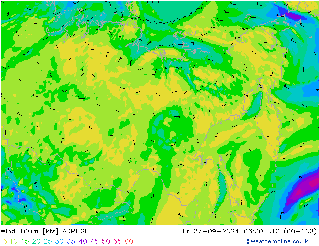 Vento 100m ARPEGE ven 27.09.2024 06 UTC