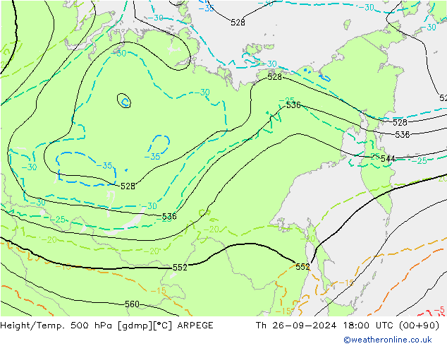 Height/Temp. 500 hPa ARPEGE Th 26.09.2024 18 UTC