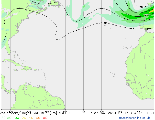 Jet stream/Height 300 hPa ARPEGE Pá 27.09.2024 06 UTC