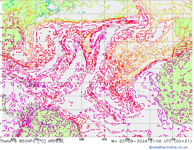 Theta-e 850hPa ARPEGE Mo 23.09.2024 21 UTC