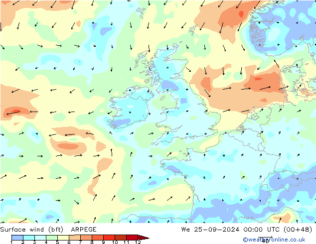 Wind 10 m (bft) ARPEGE wo 25.09.2024 00 UTC