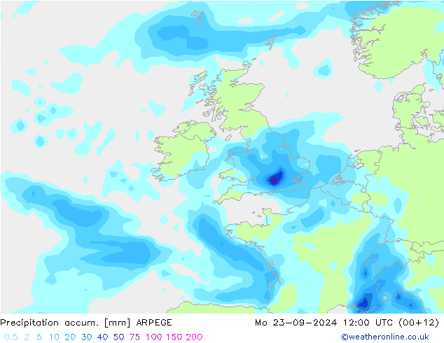 Totale neerslag ARPEGE ma 23.09.2024 12 UTC