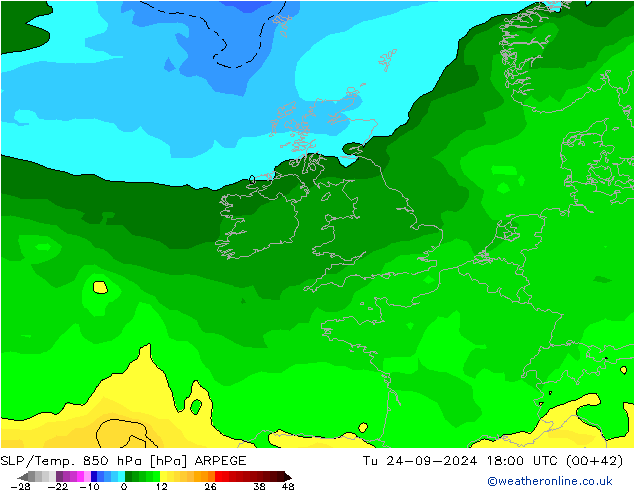 SLP/Temp. 850 hPa ARPEGE di 24.09.2024 18 UTC