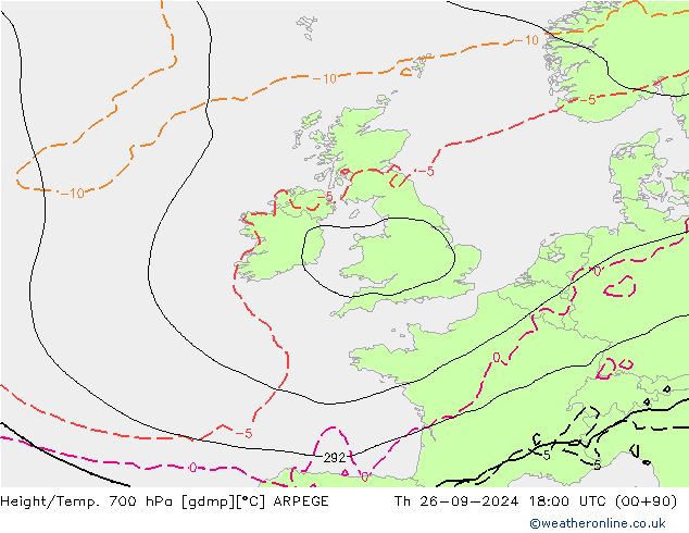 Height/Temp. 700 hPa ARPEGE Th 26.09.2024 18 UTC