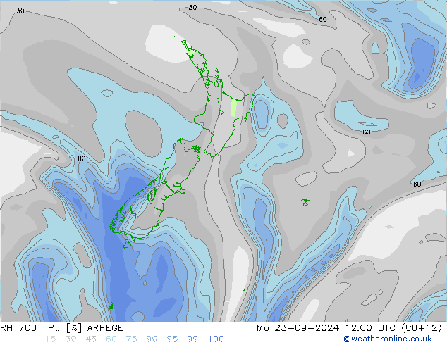 Humedad rel. 700hPa ARPEGE lun 23.09.2024 12 UTC