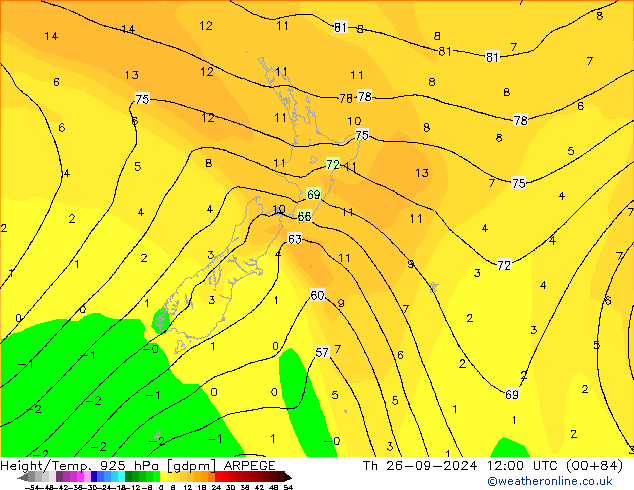 Yükseklik/Sıc. 925 hPa ARPEGE Per 26.09.2024 12 UTC