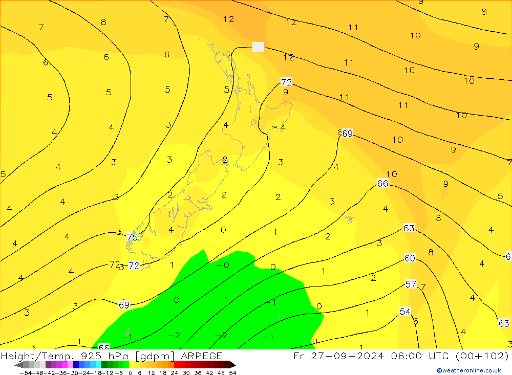 Height/Temp. 925 hPa ARPEGE ven 27.09.2024 06 UTC