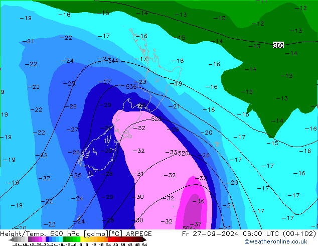 Height/Temp. 500 hPa ARPEGE Fr 27.09.2024 06 UTC