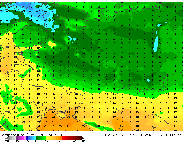 Temperaturkarte (2m) ARPEGE Mo 23.09.2024 03 UTC
