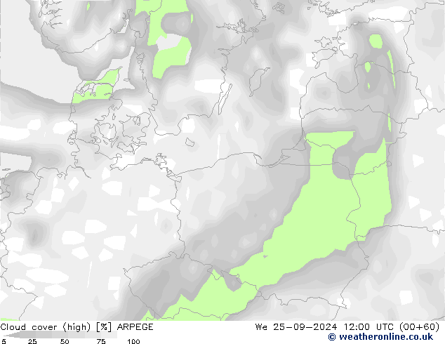 Cloud cover (high) ARPEGE We 25.09.2024 12 UTC