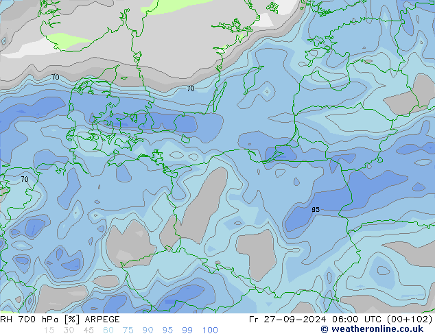 Humedad rel. 700hPa ARPEGE vie 27.09.2024 06 UTC