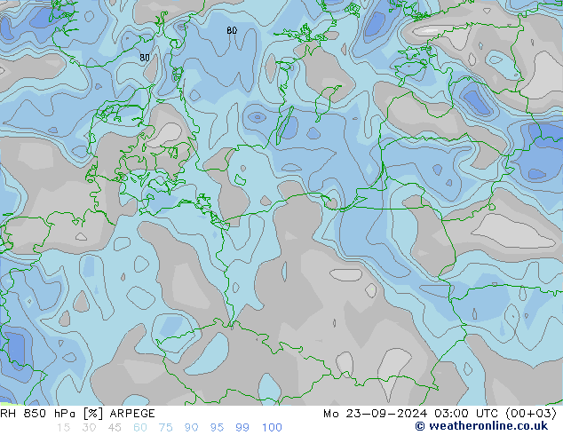 Humidité rel. 850 hPa ARPEGE lun 23.09.2024 03 UTC