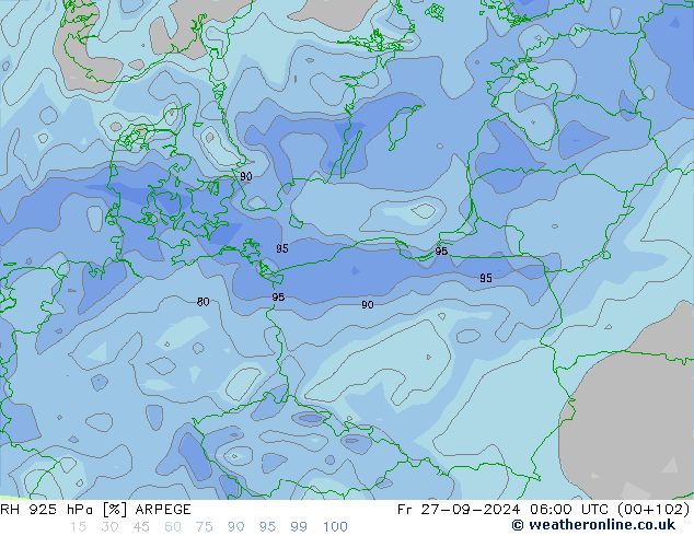 RH 925 hPa ARPEGE ven 27.09.2024 06 UTC