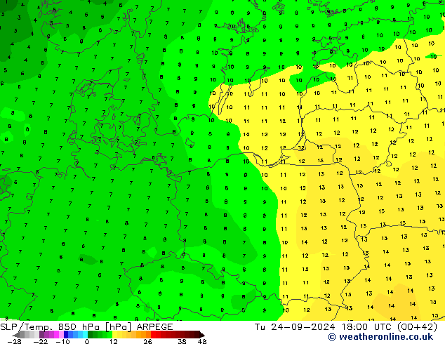 SLP/Temp. 850 hPa ARPEGE mar 24.09.2024 18 UTC