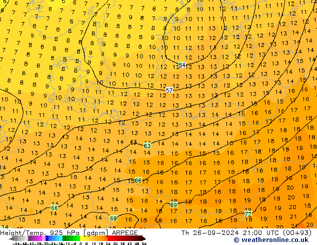 Geop./Temp. 925 hPa ARPEGE jue 26.09.2024 21 UTC