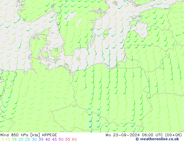 Vento 850 hPa ARPEGE Seg 23.09.2024 06 UTC