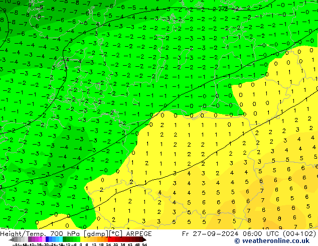 Height/Temp. 700 гПа ARPEGE пт 27.09.2024 06 UTC