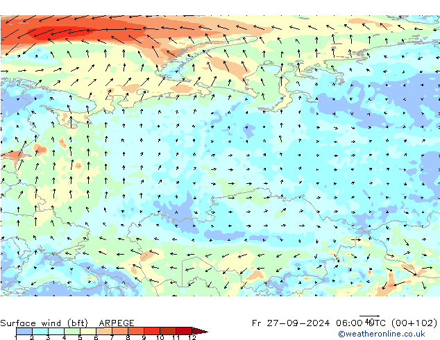 Rüzgar 10 m (bft) ARPEGE Cu 27.09.2024 06 UTC