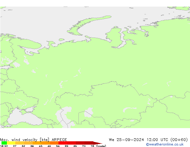 Max. wind velocity ARPEGE śro. 25.09.2024 12 UTC