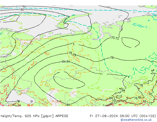 Geop./Temp. 925 hPa ARPEGE vie 27.09.2024 06 UTC