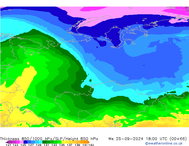 Thck 850-1000 hPa ARPEGE śro. 25.09.2024 18 UTC