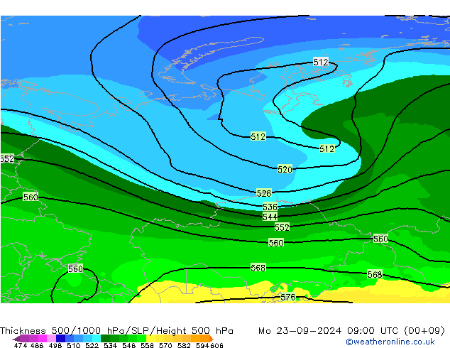 Thck 500-1000hPa ARPEGE Po 23.09.2024 09 UTC